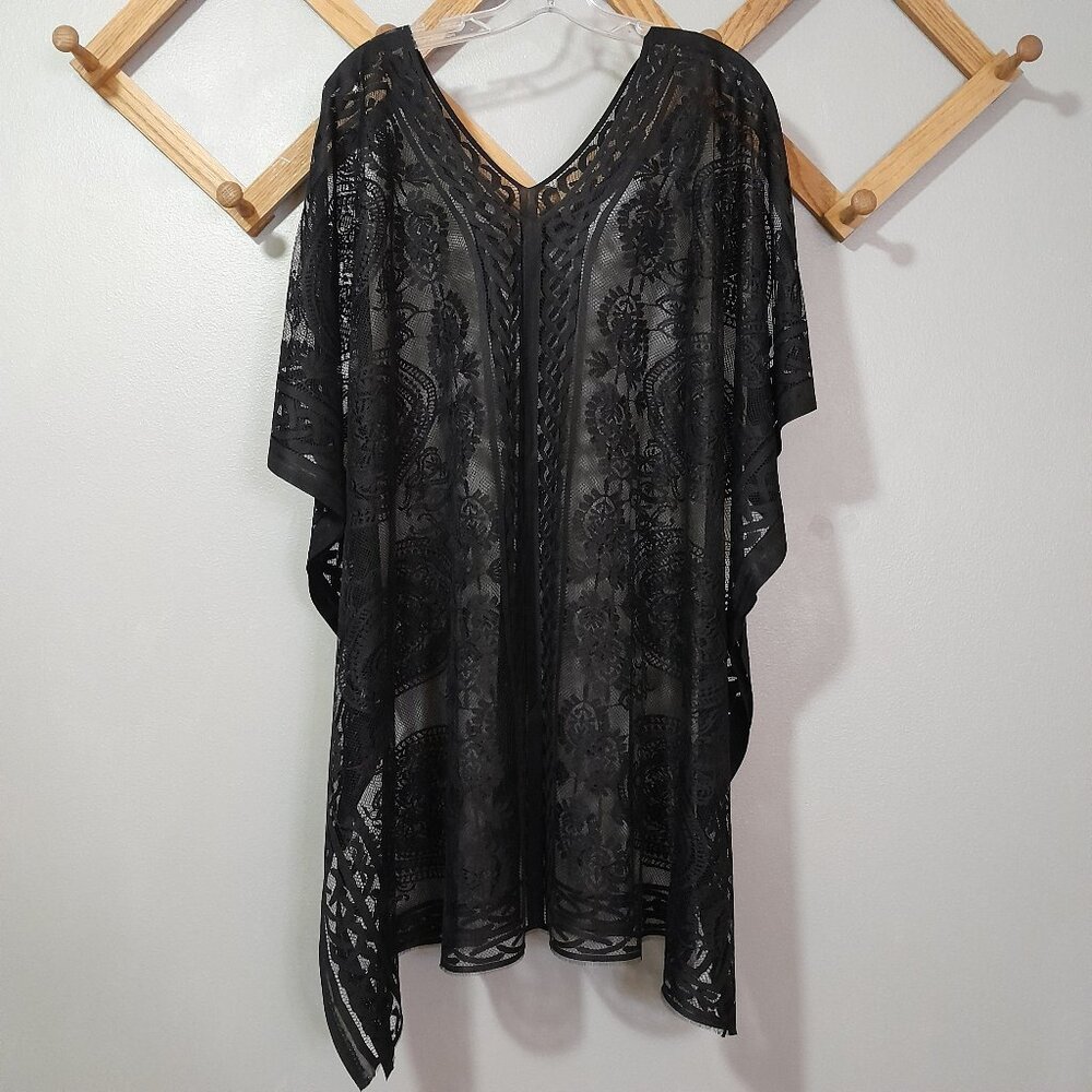 Colornival Swimwear Beach Pool Cover Up Poncho Black V Neck Lace Floral Paisley - Picture 8 of 13